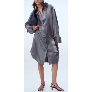 H&M Metallic Silver Satin Oversized Button Up Shirt Dress